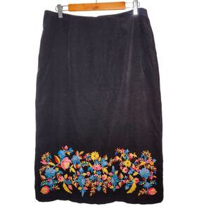 Vintage Y2K Russell Kemp Embroidered Floral Black Cotton Corduroy Midi Skirt BOH